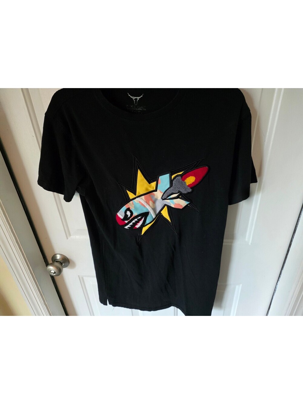 Black Graphic T-Shirt with Colorful Shark Design